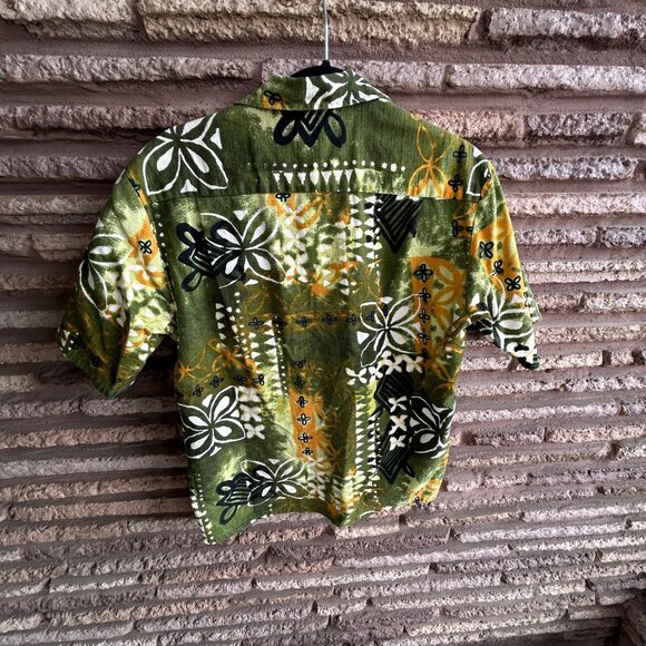 Vintage 60's Hawaiian Green Tribal Barkcloth Loop Collar Sears Shirt - Picture 7 of 12